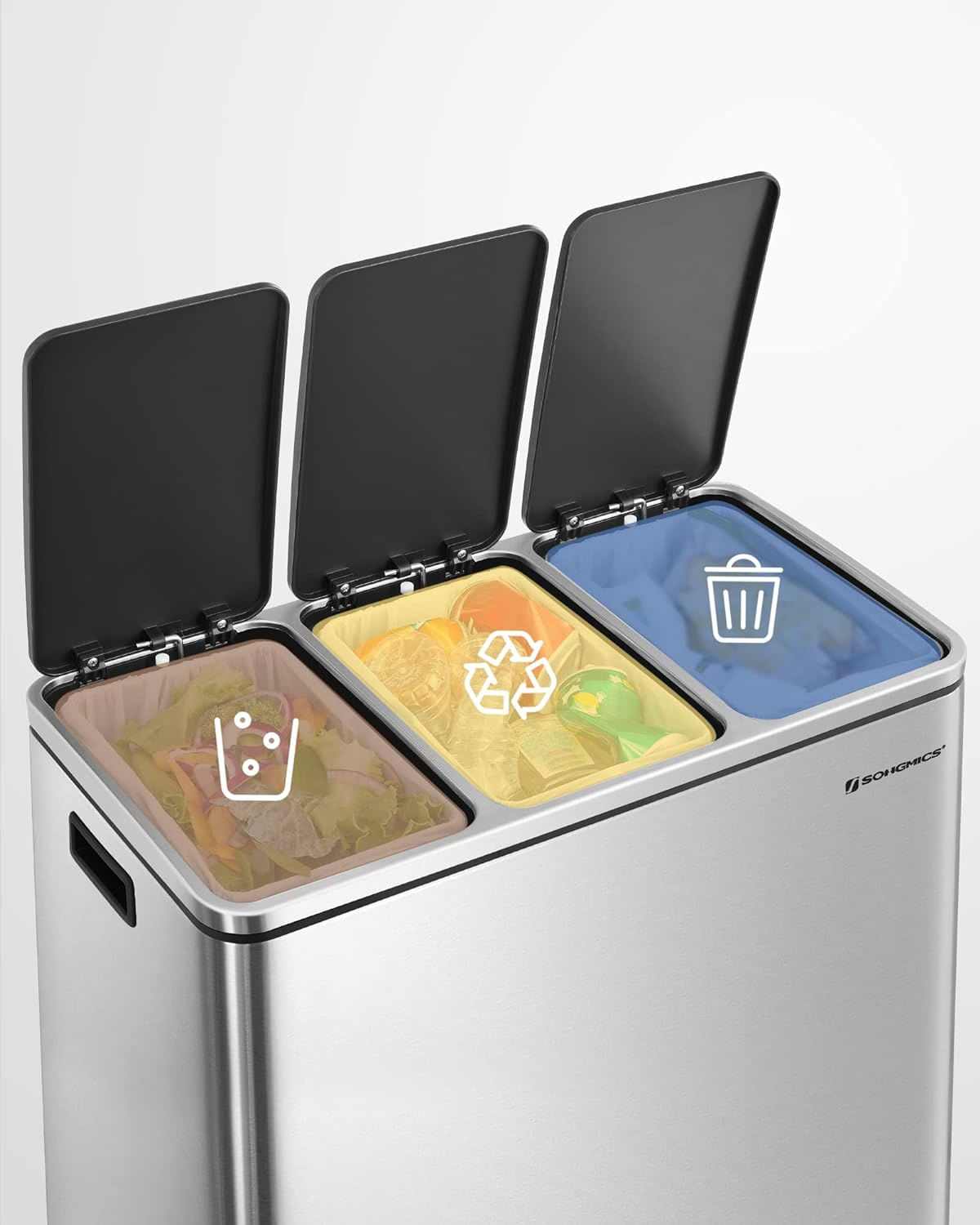 Cos de gunoi din inox cu 3 compartimente colectare selectiva, cu galeti interioare, 3x18litri, argintiu si negru