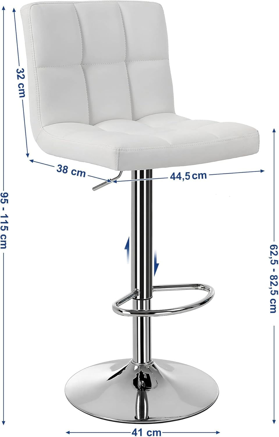 Set 2 scaune bar reglabile pe inaltime, cu spatar, sezut PU si suport picioare, rotatie 360A°, 38x45x115 cm, alb — imaginea 2