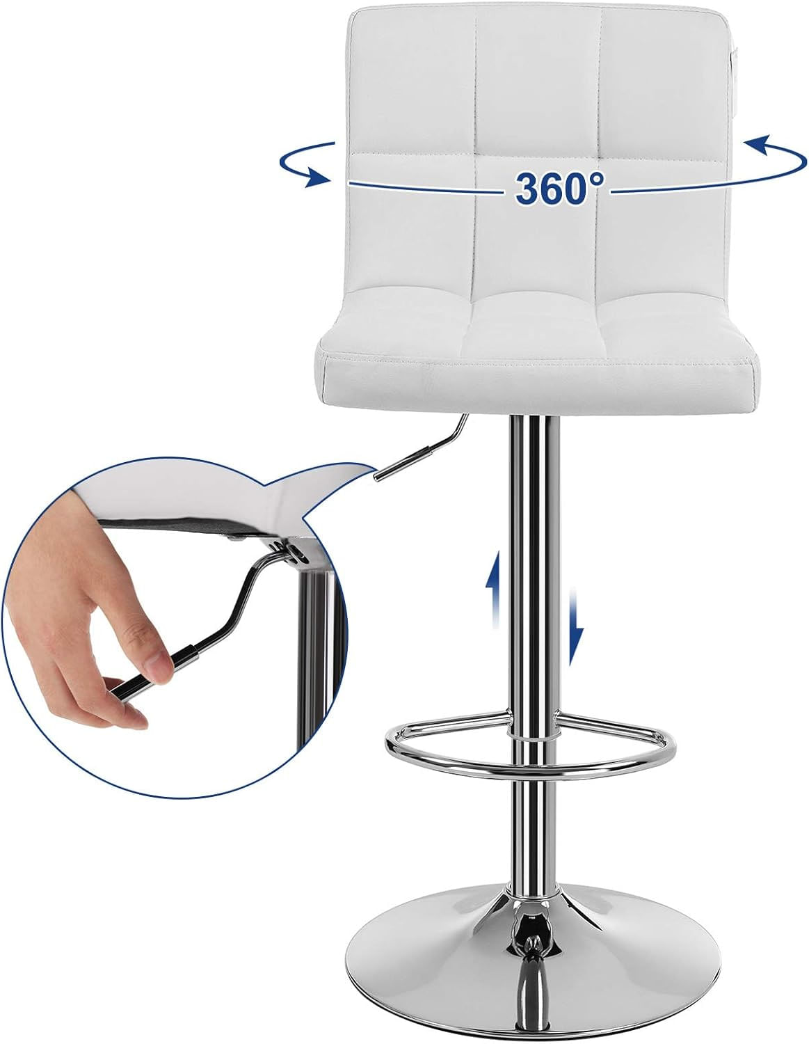 Set 2 scaune bar reglabile pe inaltime, cu spatar, sezut PU si suport picioare, rotatie 360A°, 38x45x115 cm, alb — imaginea 3