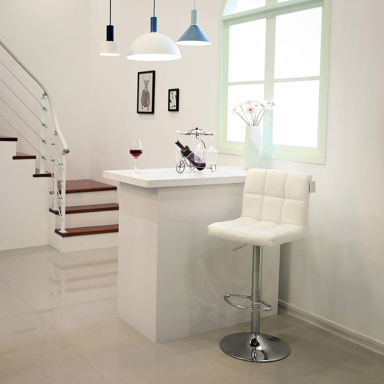 Set 2 scaune bar reglabile pe inaltime, cu spatar, sezut PU si suport picioare, rotatie 360A°, 38x45x115 cm, alb — imaginea 7