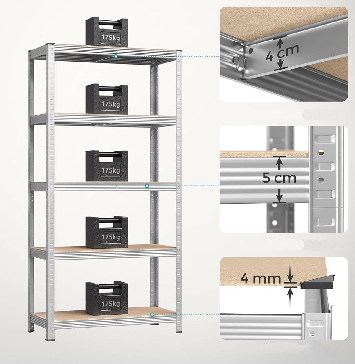 Set de 2 Rafturi de depozitare, cadru din otel armat, polite din MDF, max 2x875kg, 180x90x40cm, gri