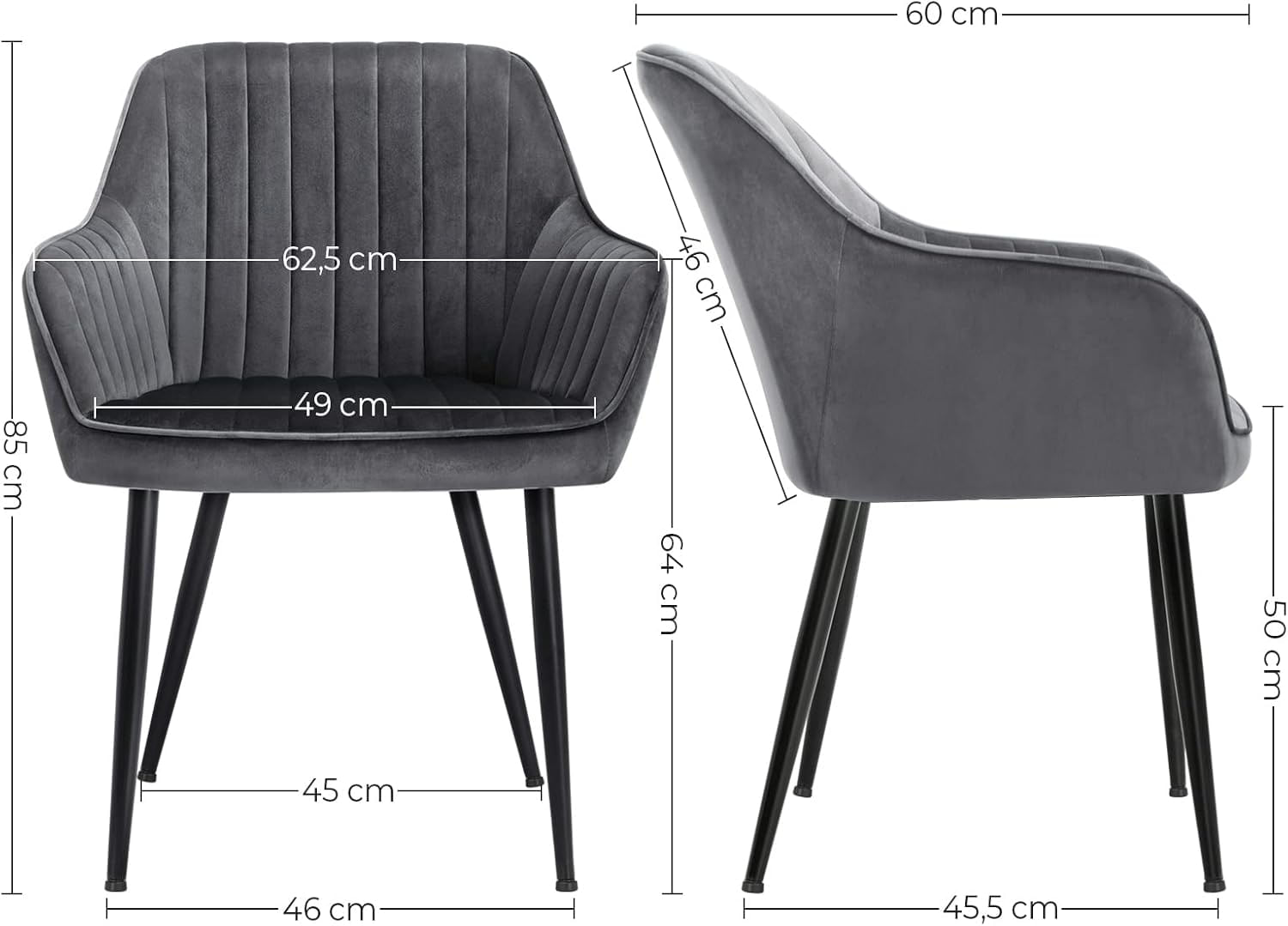 Scaun living tapitat din catifea cu cotiere, sarcina 110 kg, 63x60x85 cm, gri — imaginea 3