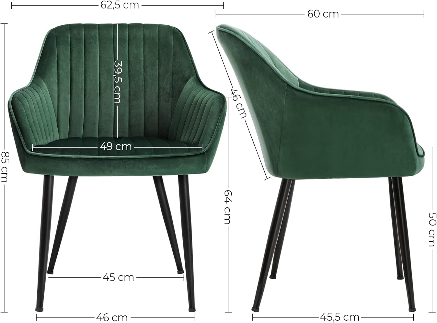 Scaun living tapitat din catifea cu cotiere, sarcina 120 kg, 63x60x85 cm, verde — imaginea 2