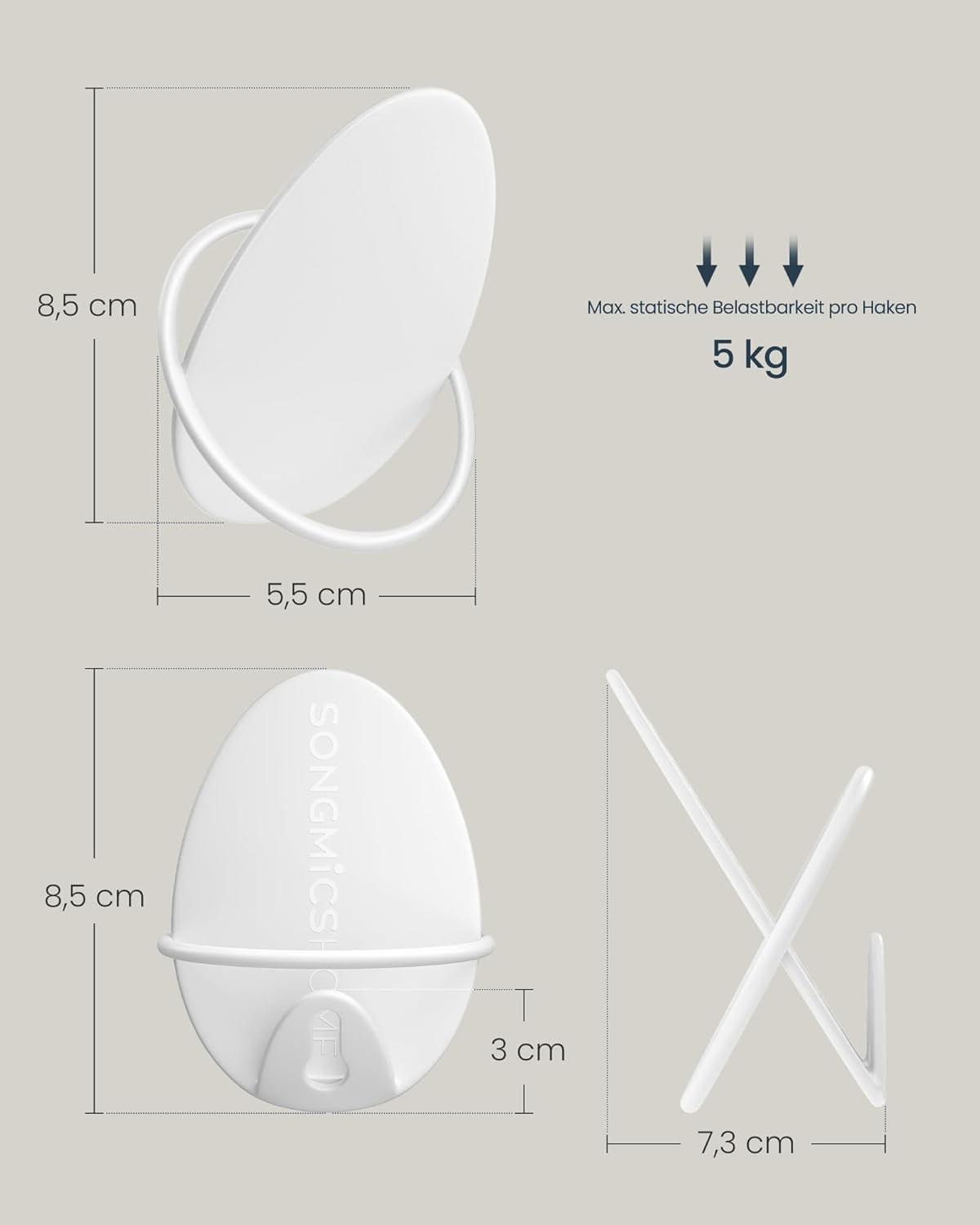 Set 4 carlige perete, design oval din otel, 5 kg per carlig, 9x5x7 cm, alb perlat — imaginea 6