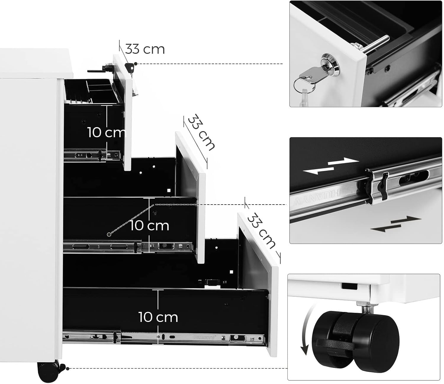 Dulap mobil rollbox pentru birouri, 3 sertare pentru documente, corp pre-asamblat, 45x39x54 cm, alb — imaginea 4