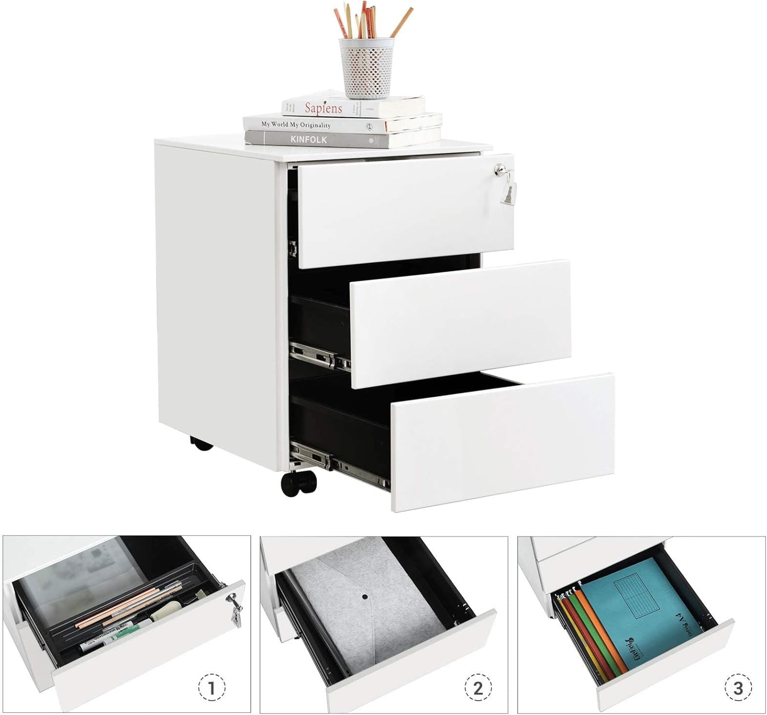 Dulap mobil rollbox pentru birouri, 3 sertare pentru documente, corp pre-asamblat, 45x39x54 cm, alb — imaginea 6