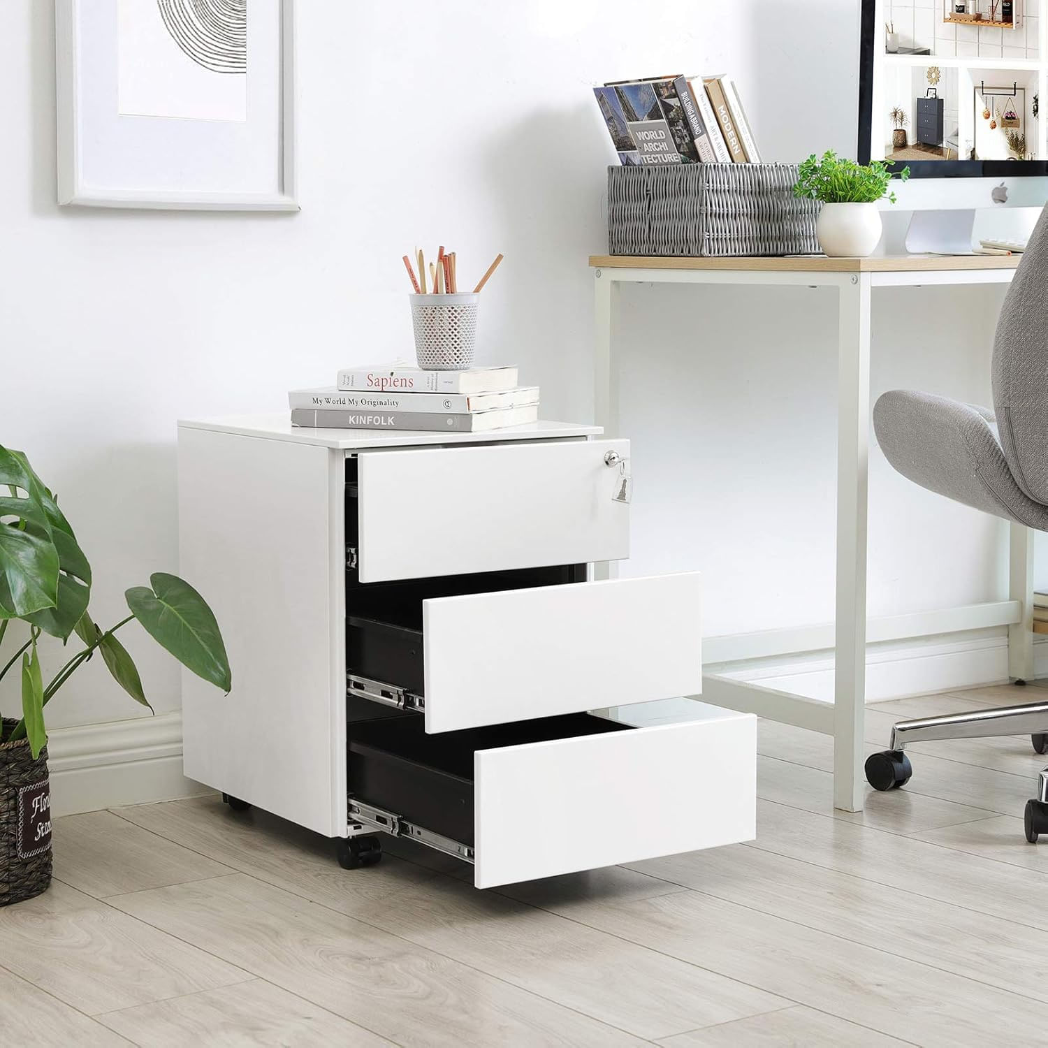 Dulap mobil rollbox pentru birouri, 3 sertare pentru documente, corp pre-asamblat, 45x39x54 cm, alb — imaginea 7