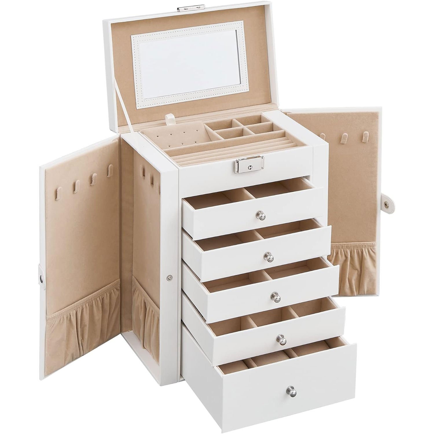 Cutie de bijuterii cu 6 nivele, 5 sertare, oglinda si incuietoare, spatiu pentru ceasuri, 26x15x32cm, alb