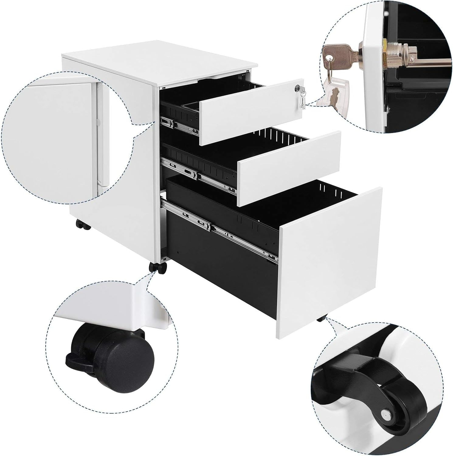 Dulap mobil tip rollbox pentru birouri, din otel, sertar cu sina dosare A4, 39x52x60 cm, alb — imaginea 2