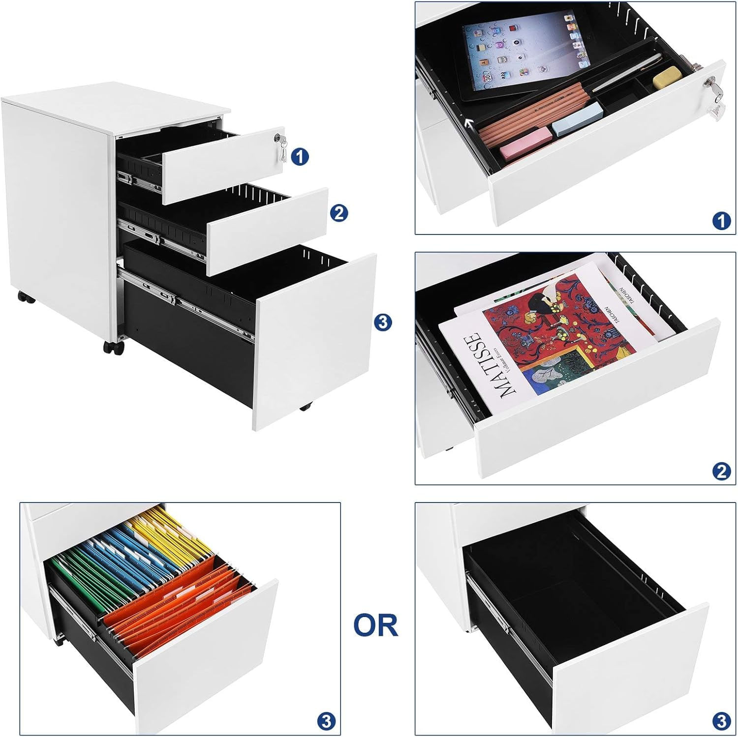 Dulap mobil tip rollbox pentru birouri, din otel, sertar cu sina dosare A4, 39x52x60 cm, alb — imaginea 3