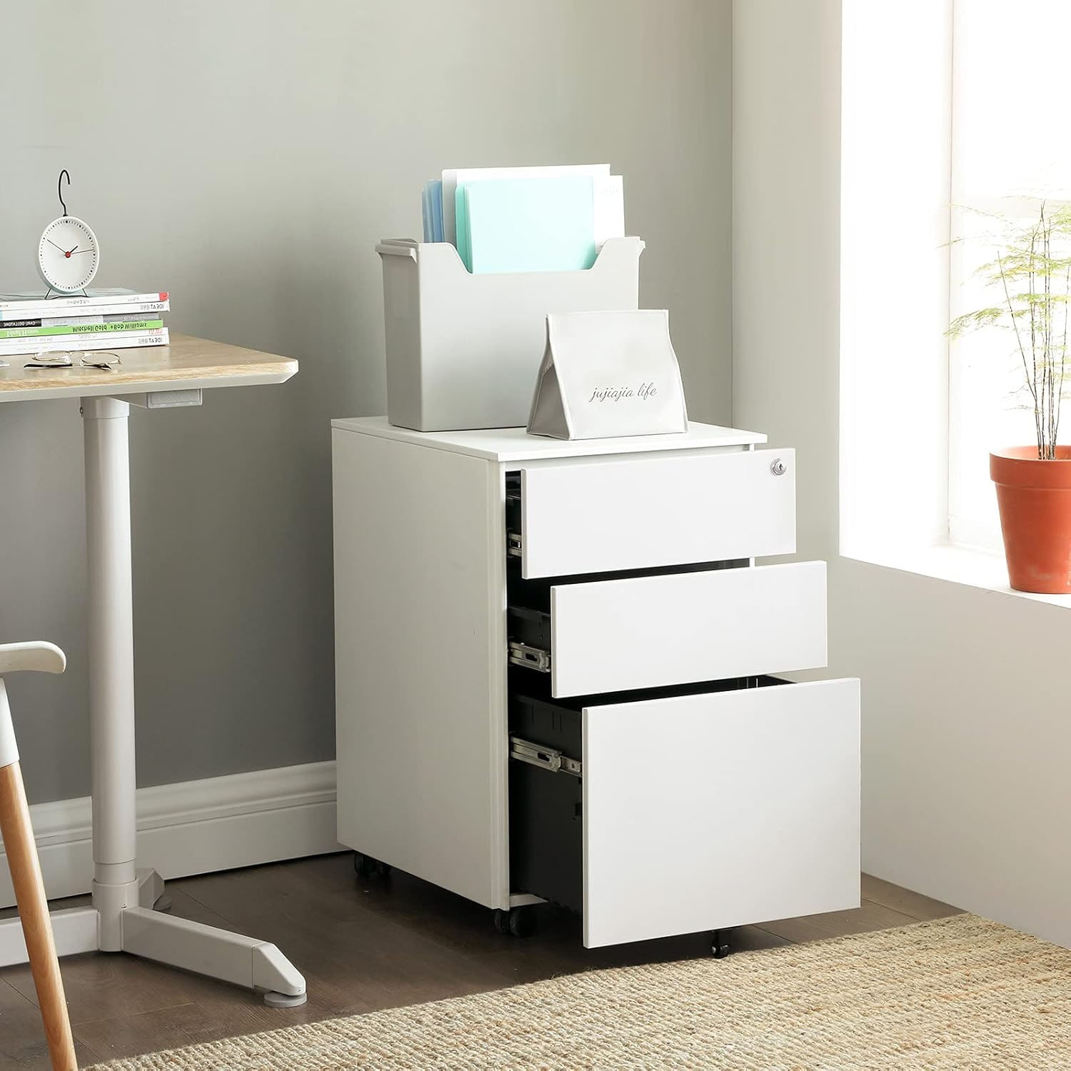 Dulap mobil tip rollbox pentru birouri, din otel, sertar cu sina dosare A4, 39x52x60 cm, alb — imaginea 4