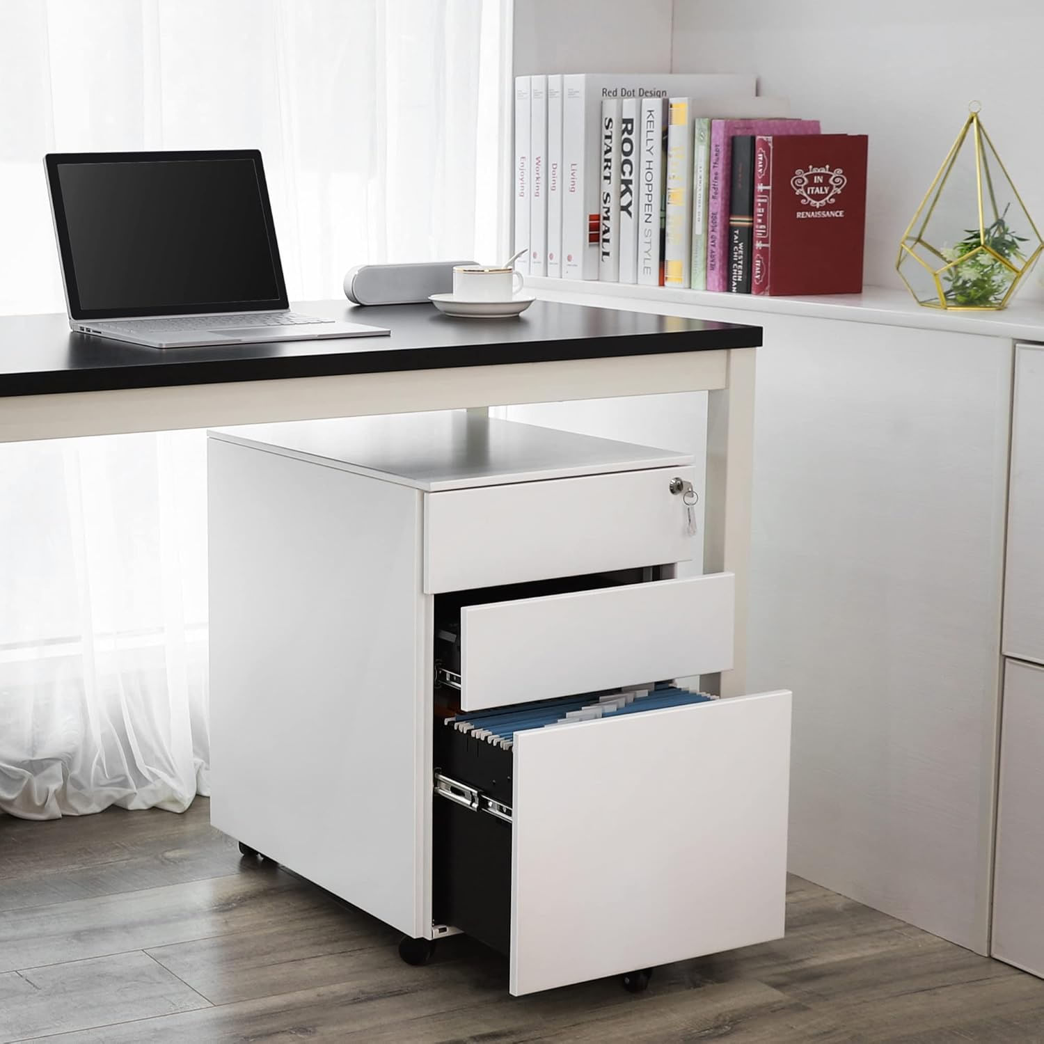 Dulap mobil tip rollbox pentru birouri, din otel, sertar cu sina dosare A4, 39x52x60 cm, alb — imaginea 5