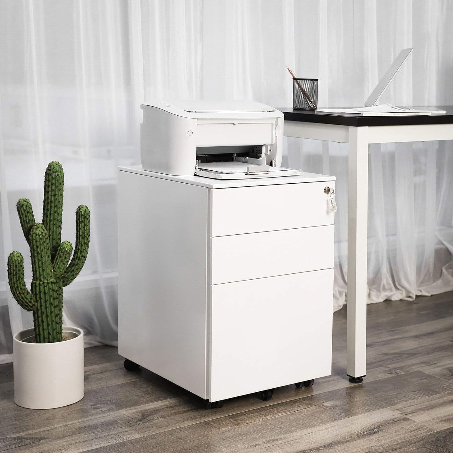 Dulap mobil tip rollbox pentru birouri, din otel, sertar cu sina dosare A4, 39x52x60 cm, alb — imaginea 6