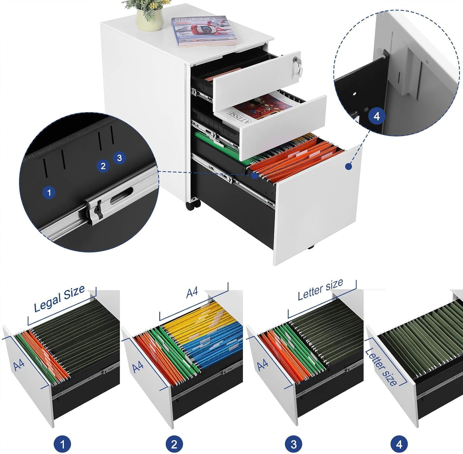 Dulap mobil tip rollbox pentru birouri, din otel, sertar cu sina dosare A4, 39x52x60 cm, alb — imaginea 7
