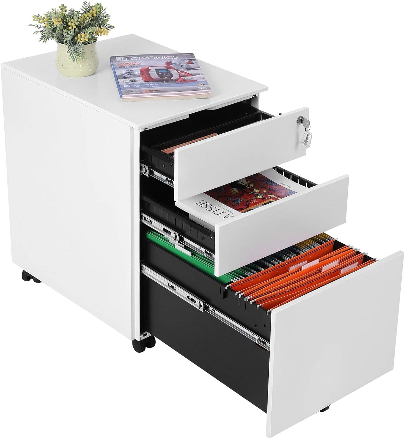 Dulap mobil tip rollbox pentru birouri, din otel, sertar cu sina dosare A4, 39x52x60 cm, alb — imaginea 8