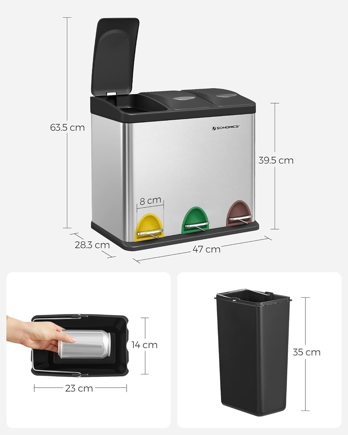 Cos de gunoi din inox cu 3 compartimente colectare selectiva, cu galeti interioare, 3x8litri, argintiu si negru