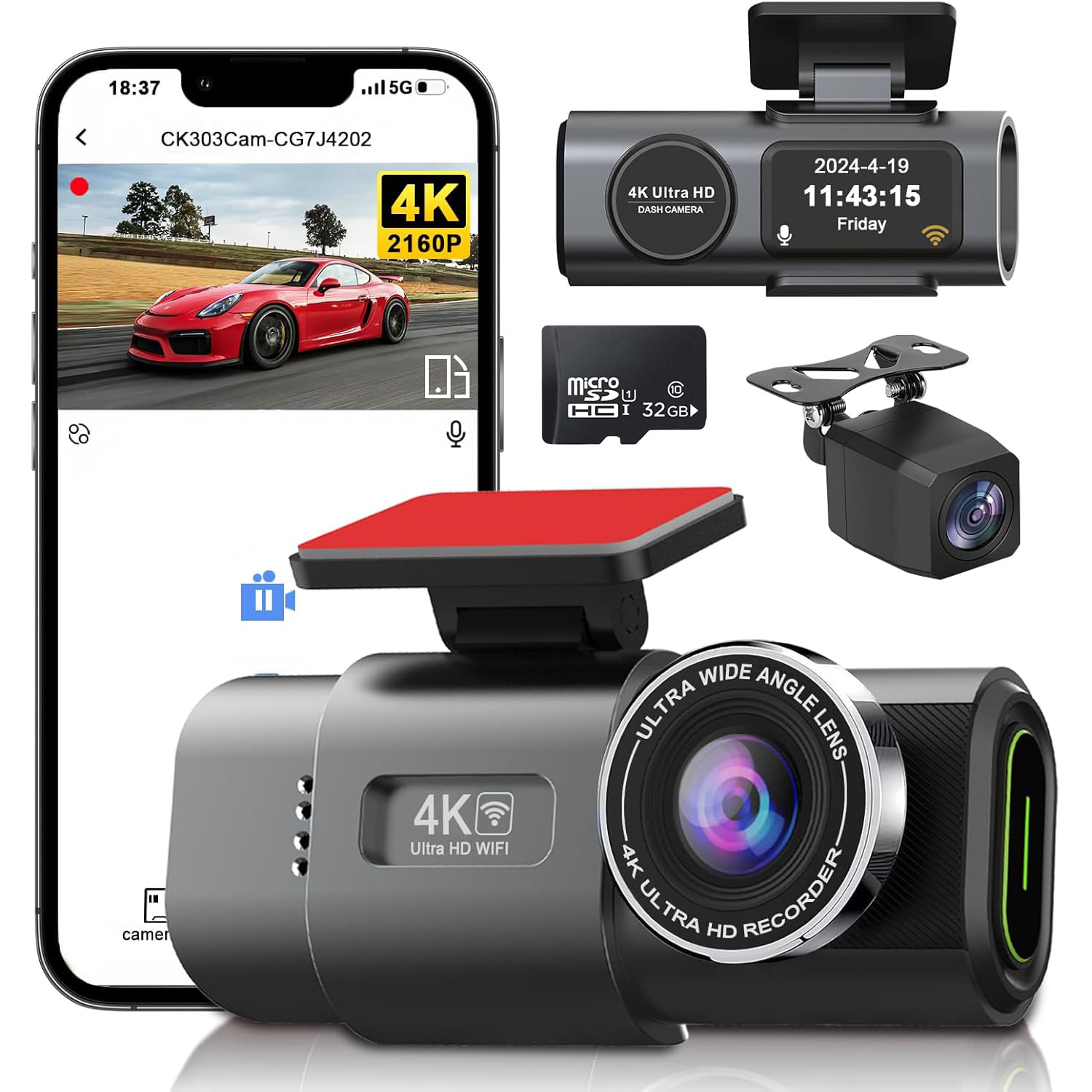 Camera Auto DVR 4K Fata Spate WiFi Card 32GB, WDR Vedere Nocturna, G-Sensor, Parking 24H, Unghi 170°, Marsarier