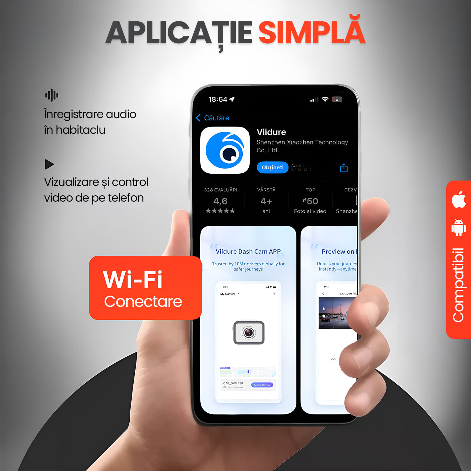 Camera Auto DVR 4K Fata Spate WiFi Card 16GB, WDR Vedere Nocturna, G-Sensor, Parking 24H, Unghi 170°, Marsarier