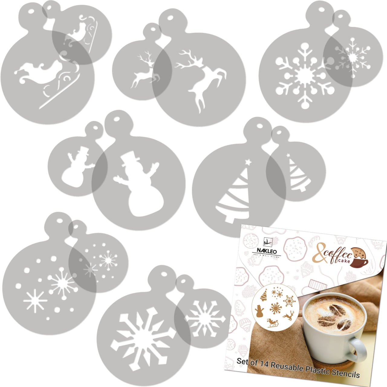 Set 14 sabloane decorare cafea 33 si 7 cm 0.5mm Iarna model MXSP7362