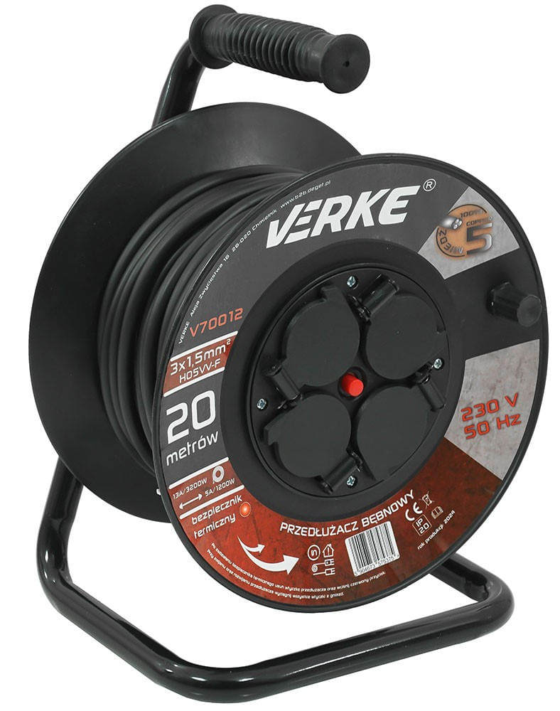 Cablu prelungitor pe bobina, Verke, 20m, 4 prize, 3X1.5 mm, V70012
