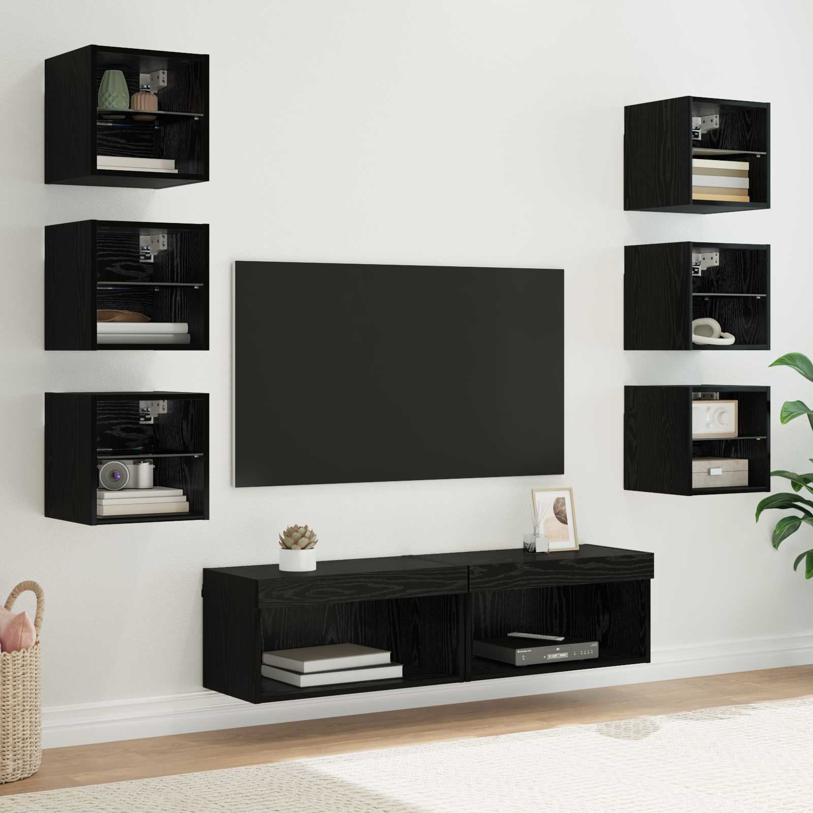 Cabinet TV cu lumini cu banda LED 8 pcs Stejar Negru Sticla — imaginea 3