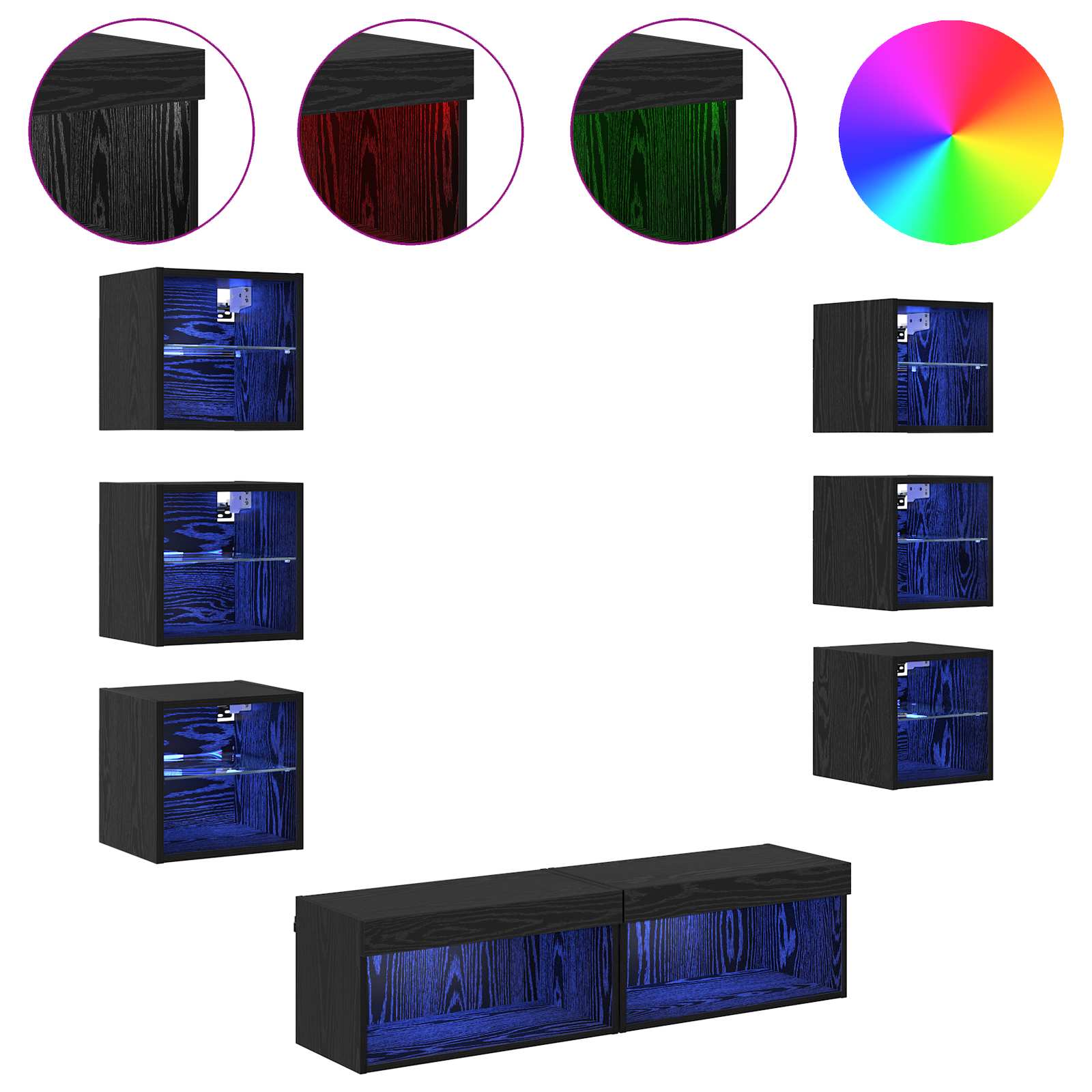 Cabinet TV cu lumini cu banda LED 8 pcs Stejar Negru Sticla — imaginea 4