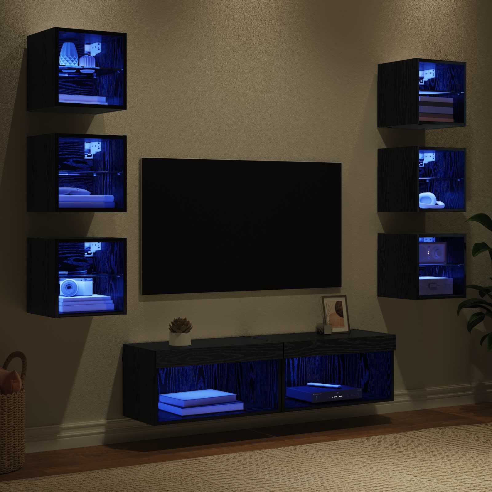 Cabinet TV cu lumini cu banda LED 8 pcs Stejar Negru Sticla — imaginea 5
