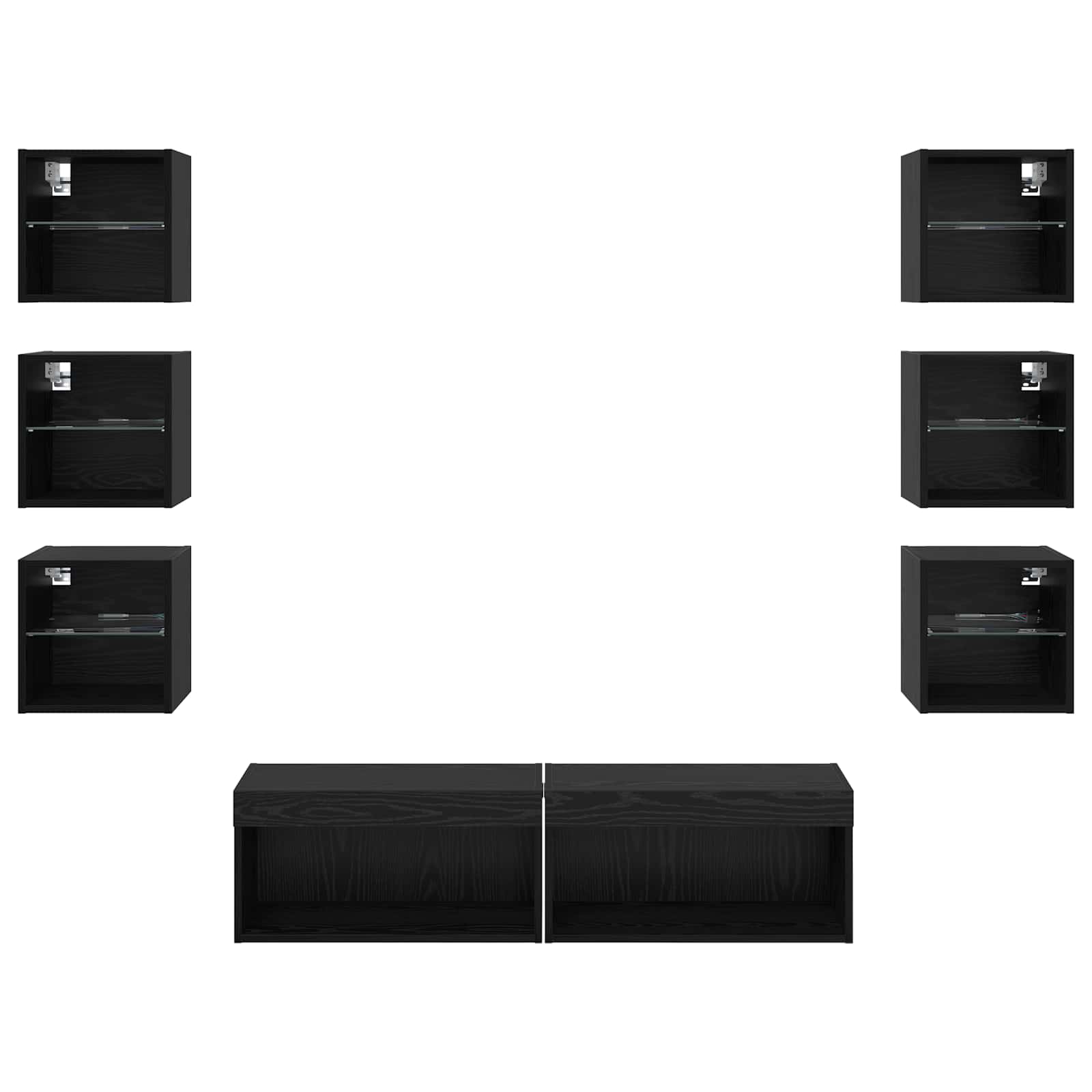 Cabinet TV cu lumini cu banda LED 8 pcs Stejar Negru Sticla — imaginea 7