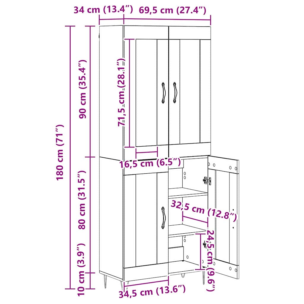 Bufet Stejar Negru 69,5 x 34 x 180 cm Lemn compozit — imaginea 13