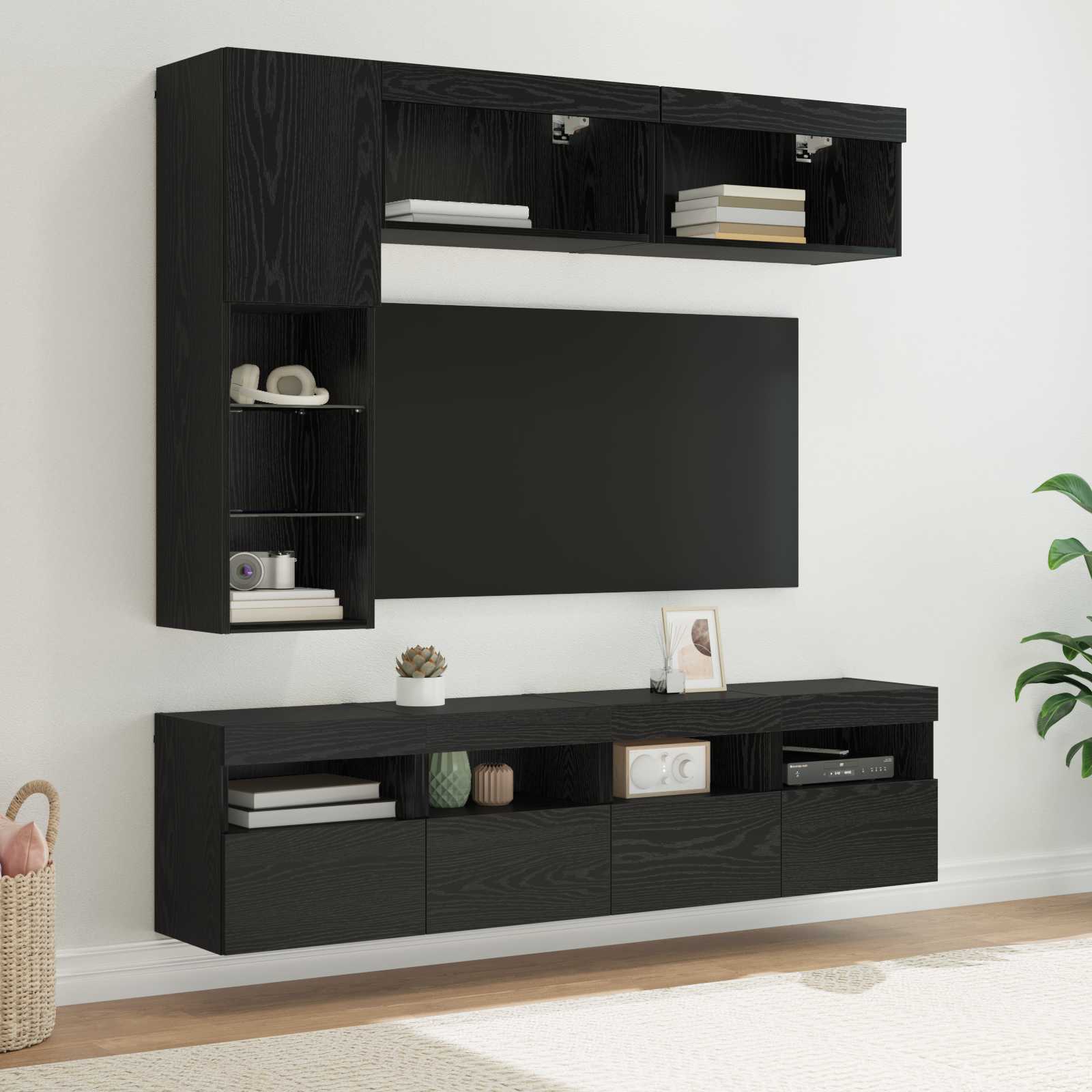 Cabinet TV Pe perete 7 pcs Stejar Negru Lemn compozit — imaginea 2