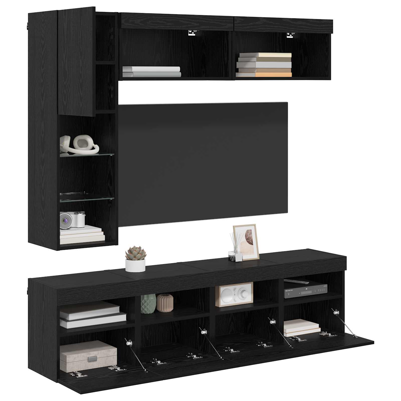 Cabinet TV Pe perete 7 pcs Stejar Negru Lemn compozit — imaginea 3