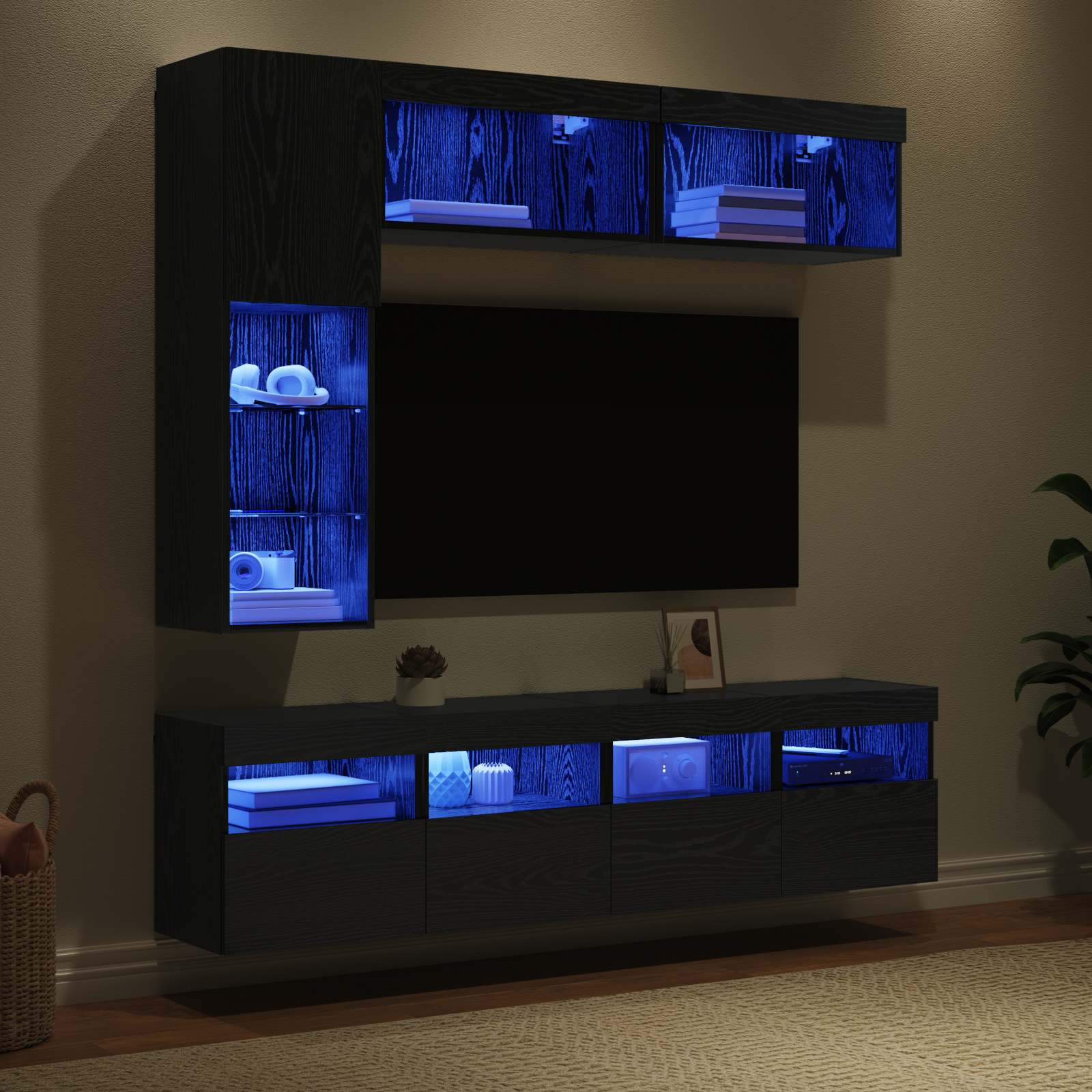 Cabinet TV Pe perete 7 pcs Stejar Negru Lemn compozit — imaginea 5