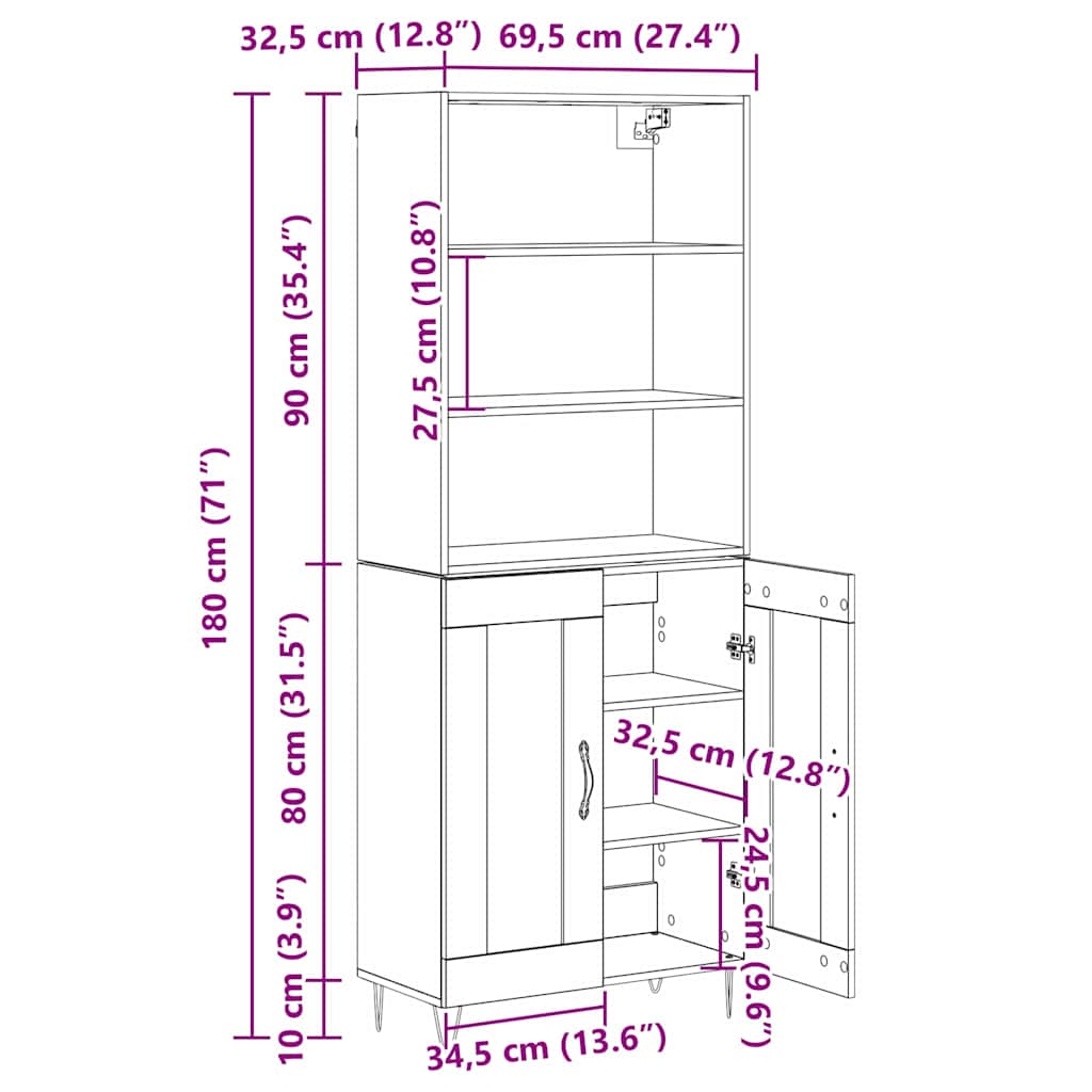 Bufet Stejar Negru 69,5 x 34 x 180 cm Lemn compozit — imaginea 13