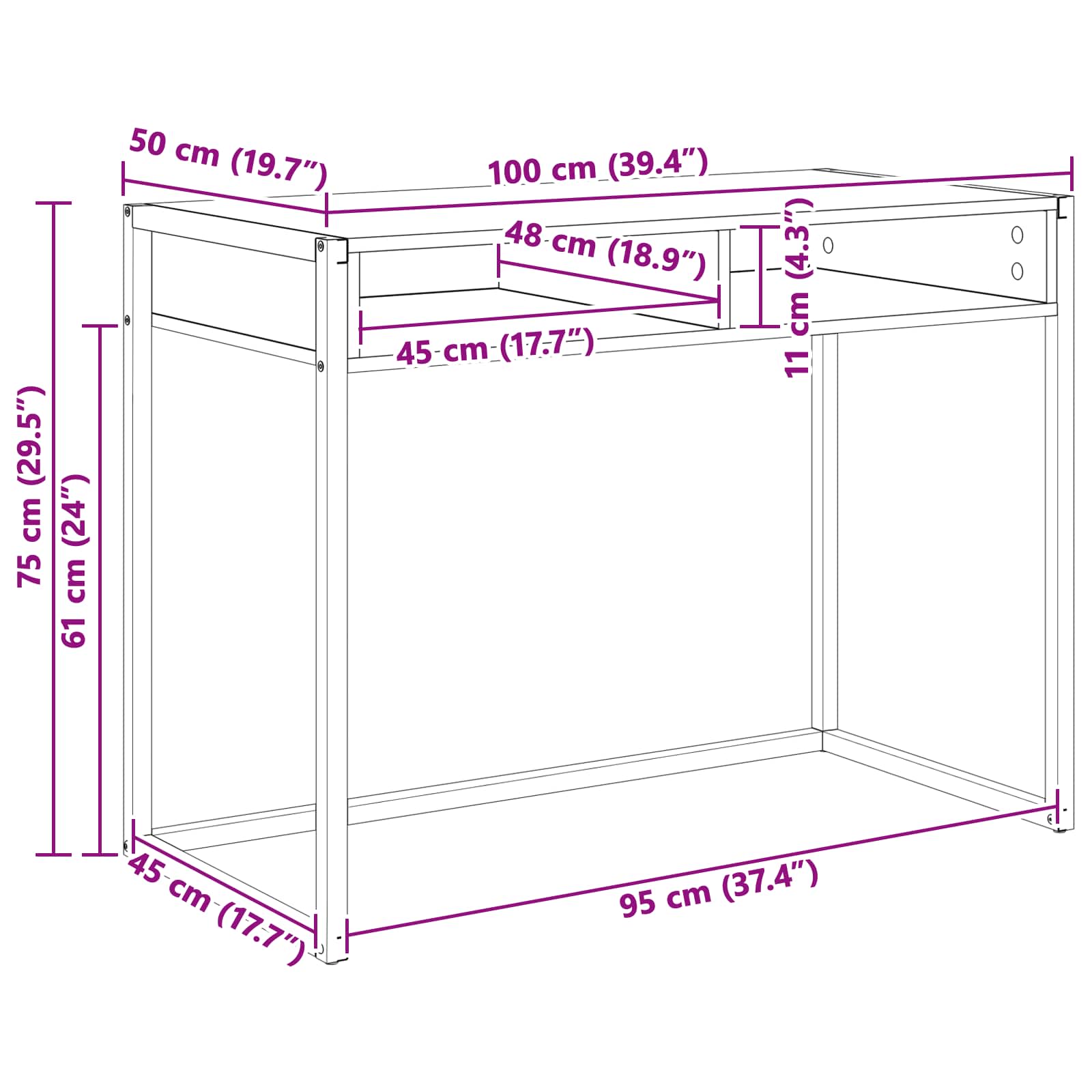 Birou cu depozitare Gri Sonoma 100 x 50 x 75 cm Lemn compozit — imaginea 10