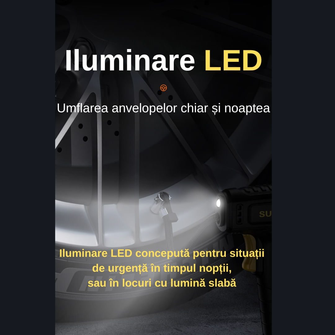 Pompa de aer electrica, Afisaj Digital, Oprire automata, Lanterna LED, Multifunctionala, 100W, Manometru, Negru — imaginea 2