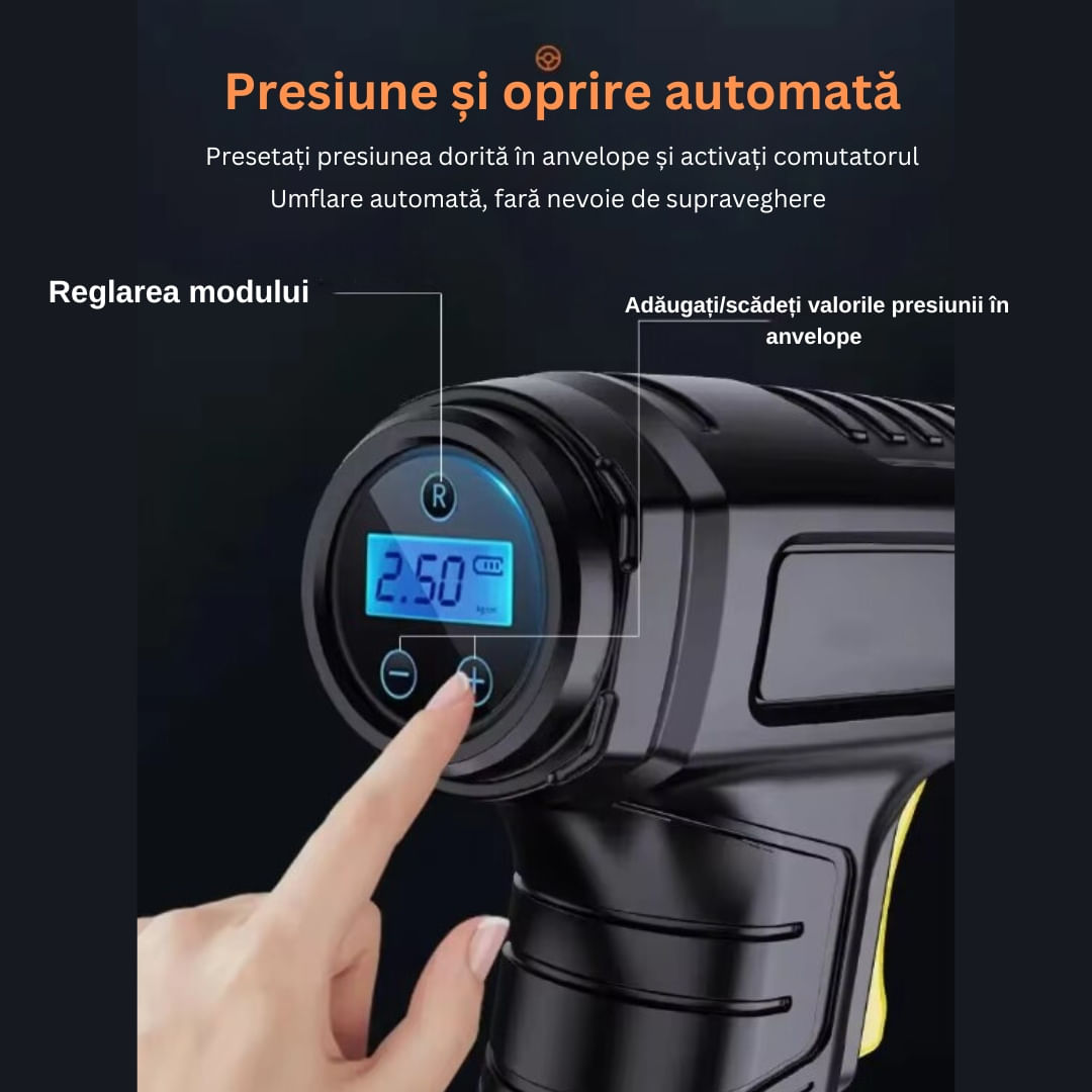 Pompa de aer electrica, Afisaj Digital, Oprire automata, Lanterna LED, Multifunctionala, 100W, Manometru, Negru — imaginea 3
