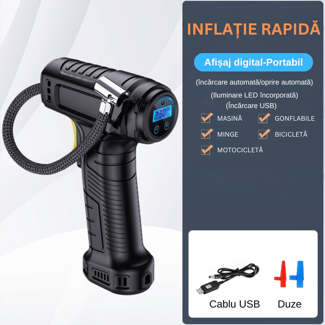 Pompa de aer electrica, Afisaj Digital, Oprire automata, Lanterna LED, Multifunctionala, 100W, Manometru, Negru — imaginea 4