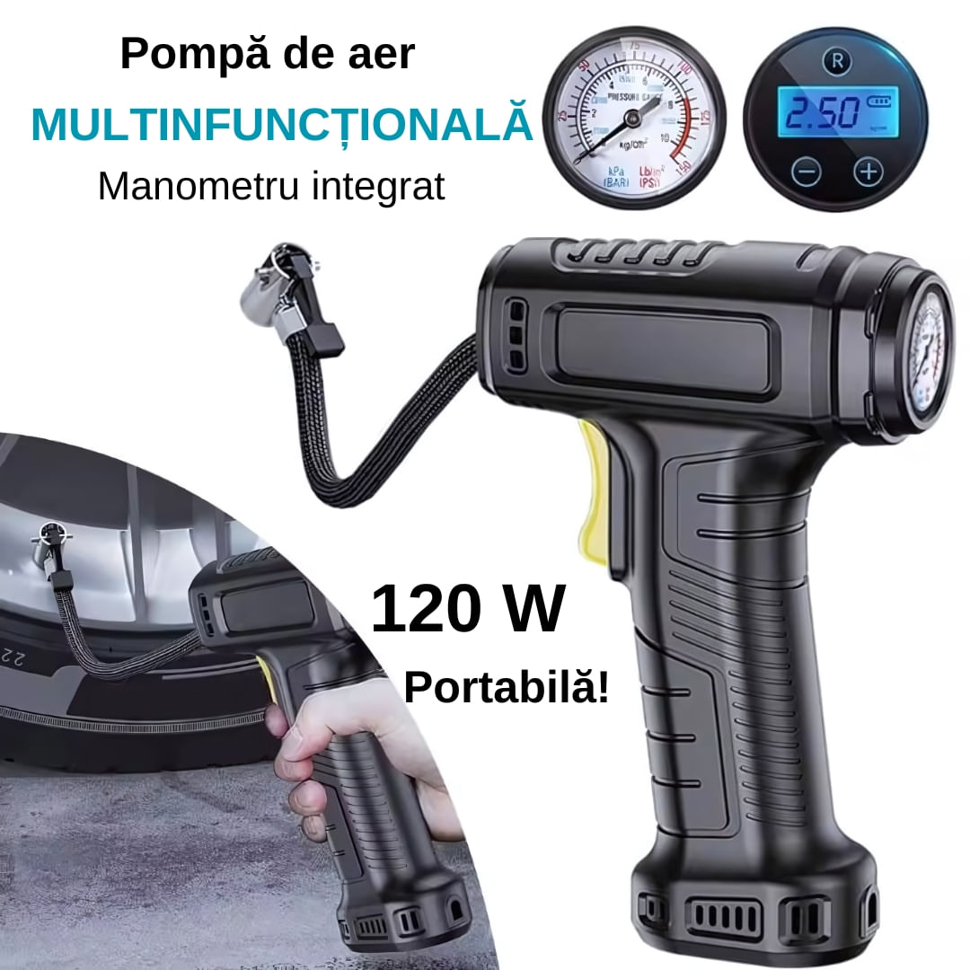 Pompa de aer electrica, Afisaj Digital, Oprire automata, Lanterna LED, Multifunctionala, 100W, Manometru, Negru — imaginea 12