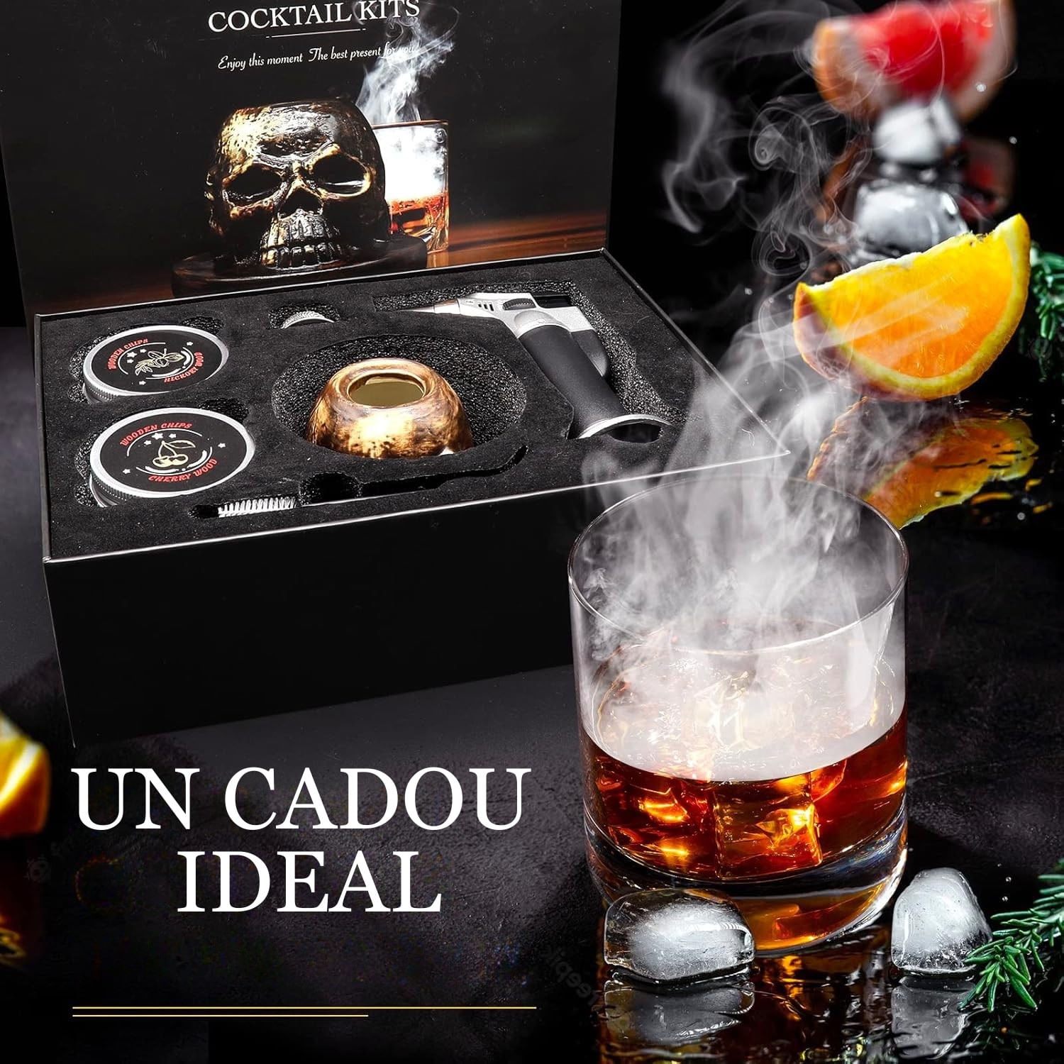 Set afumare băuturi cu coș de fum în formă de craniu – ceramică, torță și chipsuri lemn aromatic