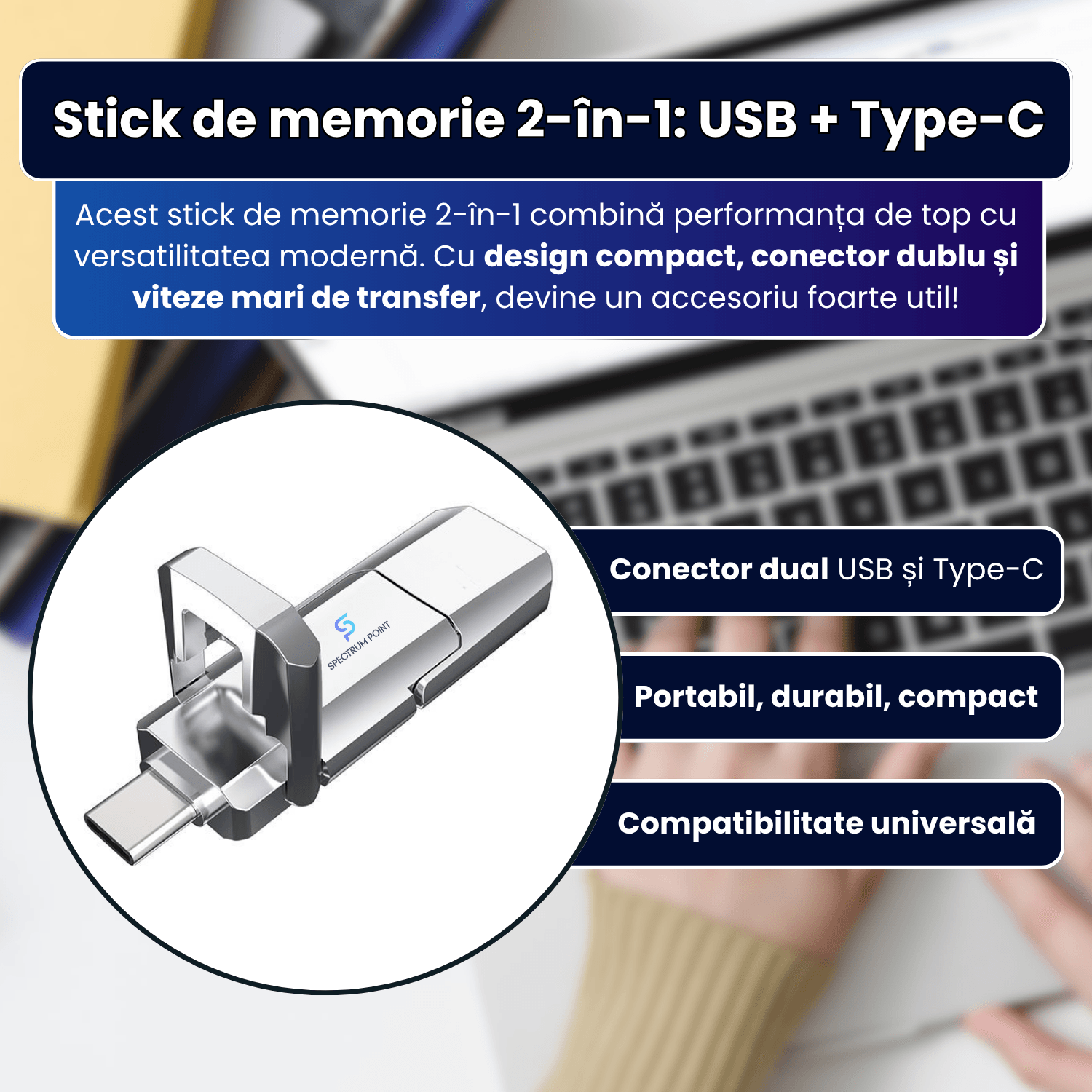 Stick de memorie 2 in 1 USB + Type-C, 512 GB, interfata duala, pentru telefon/laptop/PC/tableta, compatibil universal
