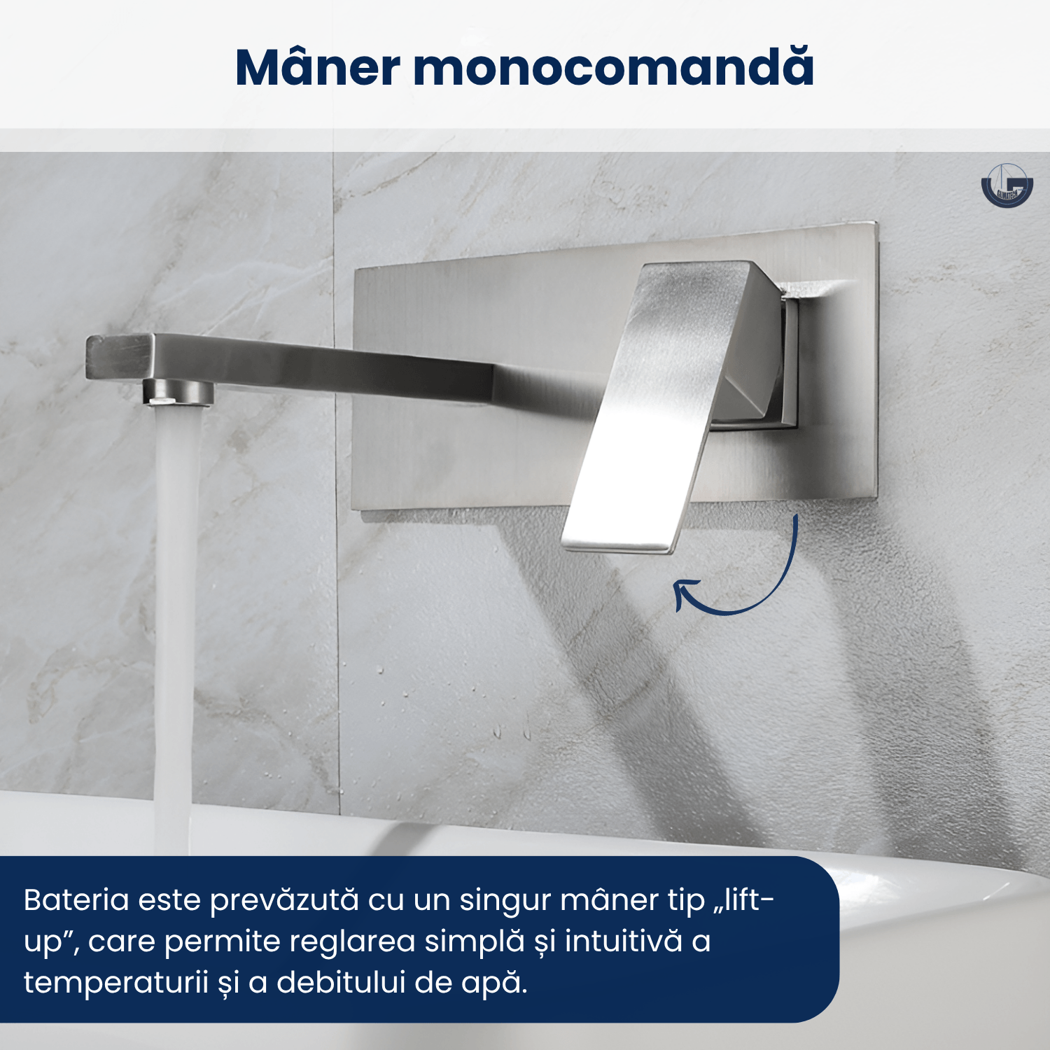 Baterie baie incastrata, GLIMATECH, monocomanda, montaj pe perete, otel inoxidabil, finisaj periat, gri inox — imaginea 3