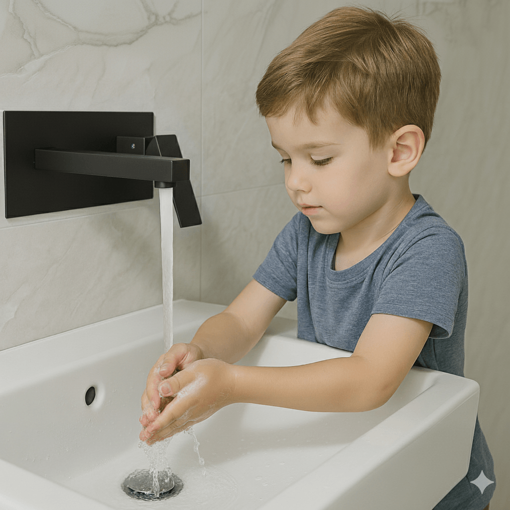 Baterie sanitara pentru chiuveta baie GLIMATECH, Otel inoxidabil, Prindere in perete, Design modern, Negru mat — imaginea 2