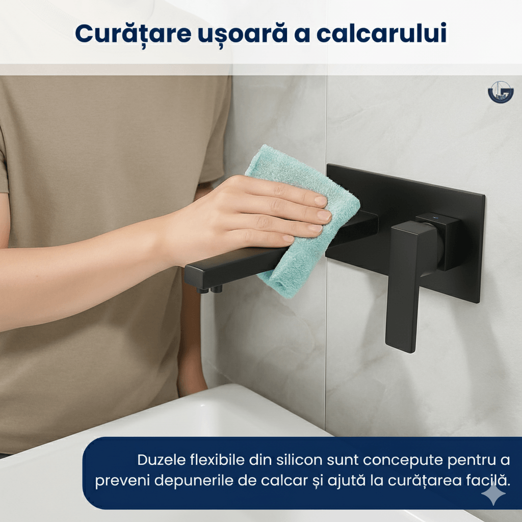 Baterie sanitara pentru chiuveta baie GLIMATECH, Otel inoxidabil, Prindere in perete, Design modern, Negru mat — imaginea 3
