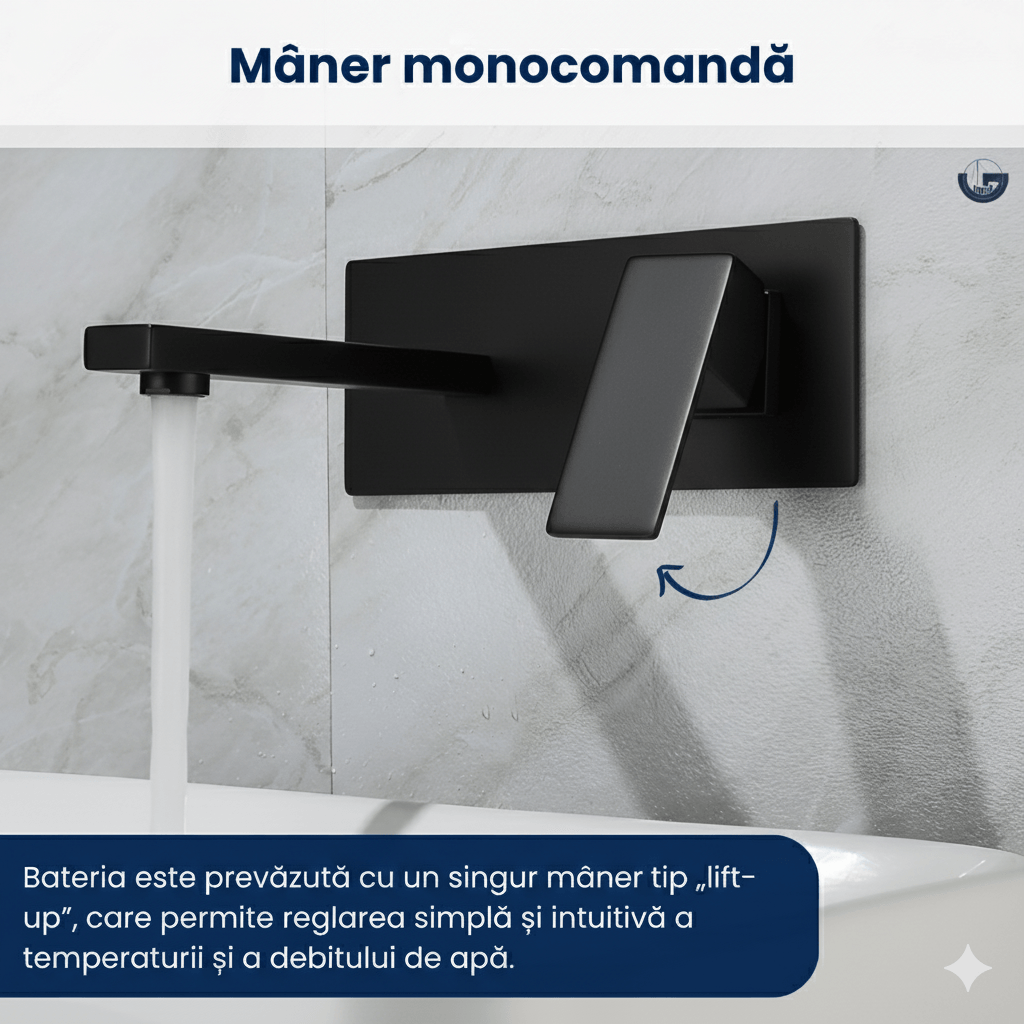Baterie sanitara pentru chiuveta baie GLIMATECH, Otel inoxidabil, Prindere in perete, Design modern, Negru mat — imaginea 4