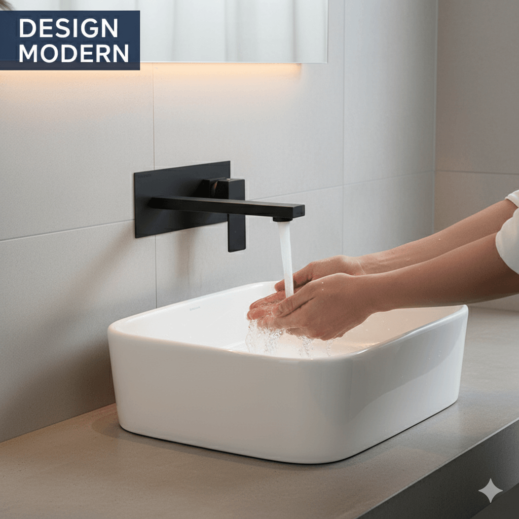 Baterie sanitara pentru chiuveta baie GLIMATECH, Otel inoxidabil, Prindere in perete, Design modern, Negru mat — imaginea 5