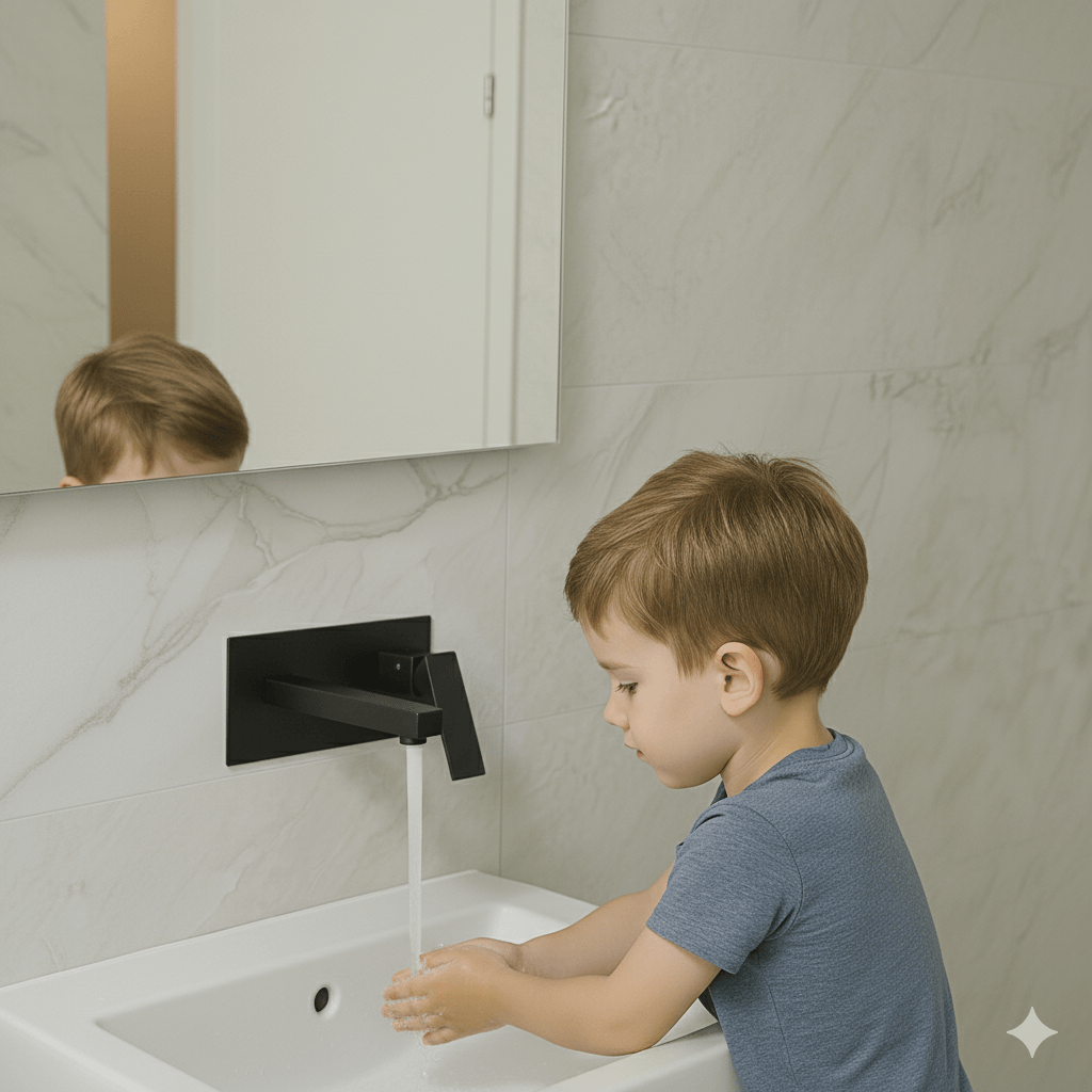 Baterie sanitara pentru chiuveta baie GLIMATECH, Otel inoxidabil, Prindere in perete, Design modern, Negru mat — imaginea 7