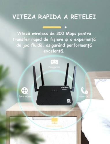 Router Wireless ambrasmart 4G/5G WiFi LTE Cat4, 300 Mbps Conectivitate Stabila si Securizata, Negru