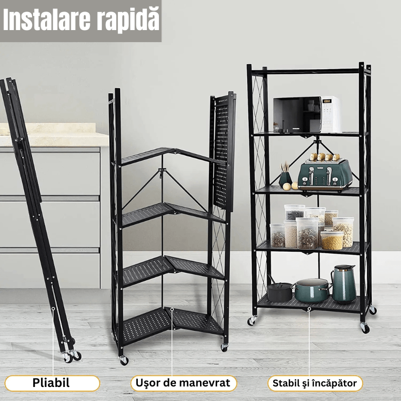 Raft pt Bucatarie, Dormitor, Baie, Living, Metalic, cu Roti, 5 Polite, montaj prin clipsare, Pliabil, 72 X 38 X 160 cm — imaginea 7