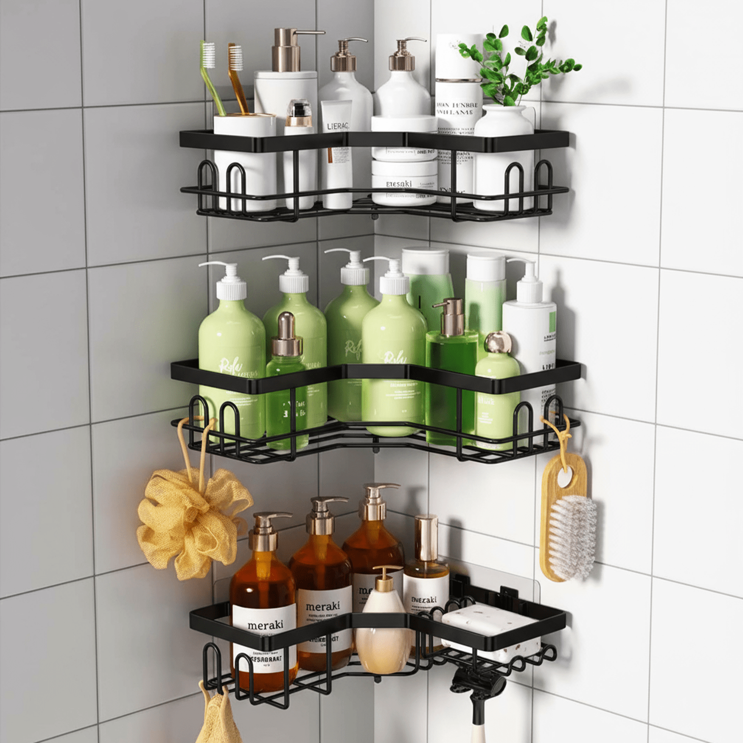 Raft de Dus, Etajera Baie si Bucatarie, Din Otel Inoxidabil, Pentru Depozitare in Bucatarie, set 3 rafturi de dus — imaginea 2
