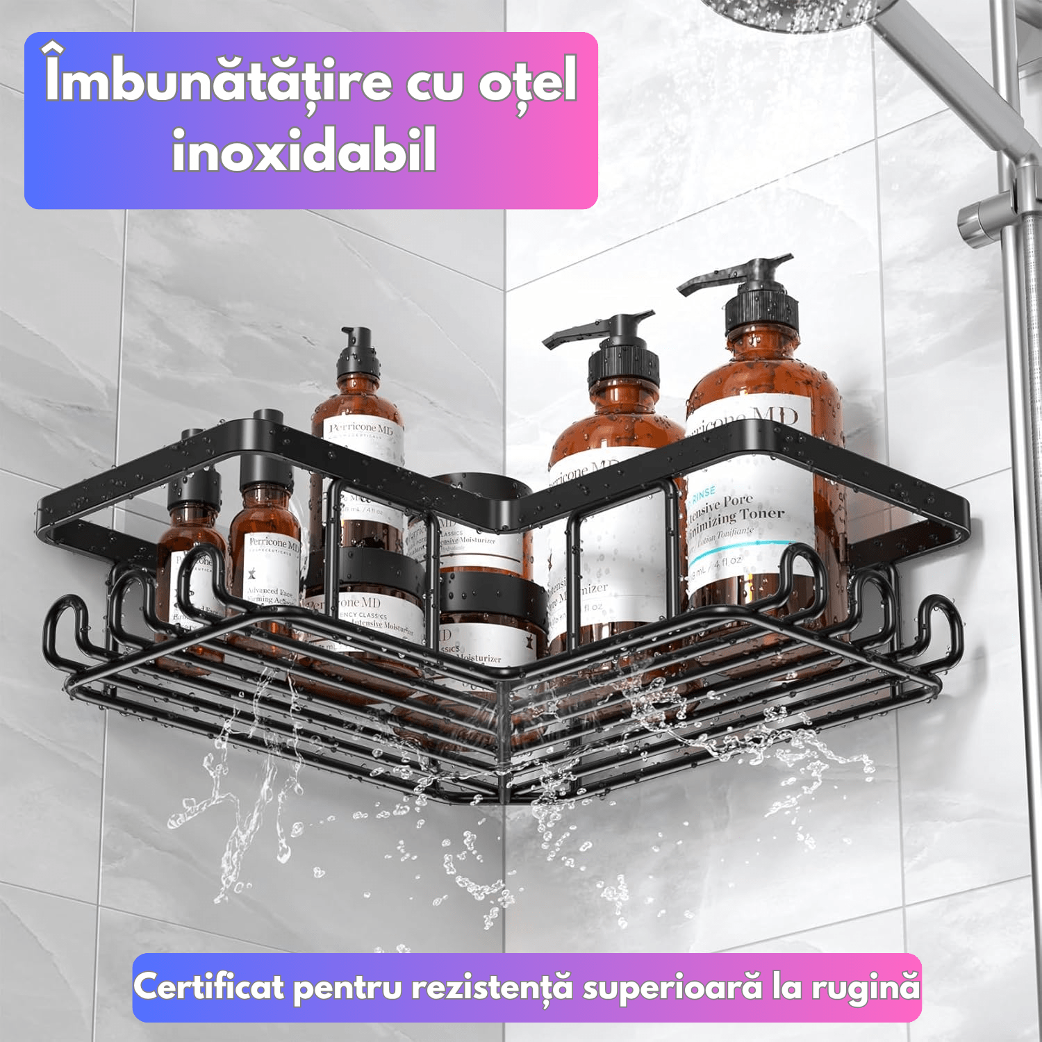 Raft de Dus, Etajera Baie si Bucatarie, Din Otel Inoxidabil, Pentru Depozitare in Bucatarie, set 3 rafturi de dus — imaginea 3